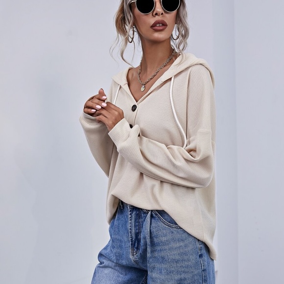 Button up oversized waffle long sleeve hoodie top - Picture 7 of 11